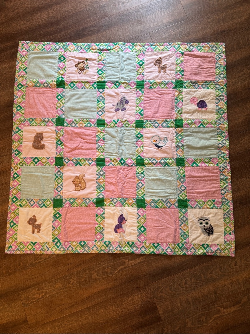 Handmade Pastel Patchwork Baby Quilt with Animal Appliqués - Pink & Mint